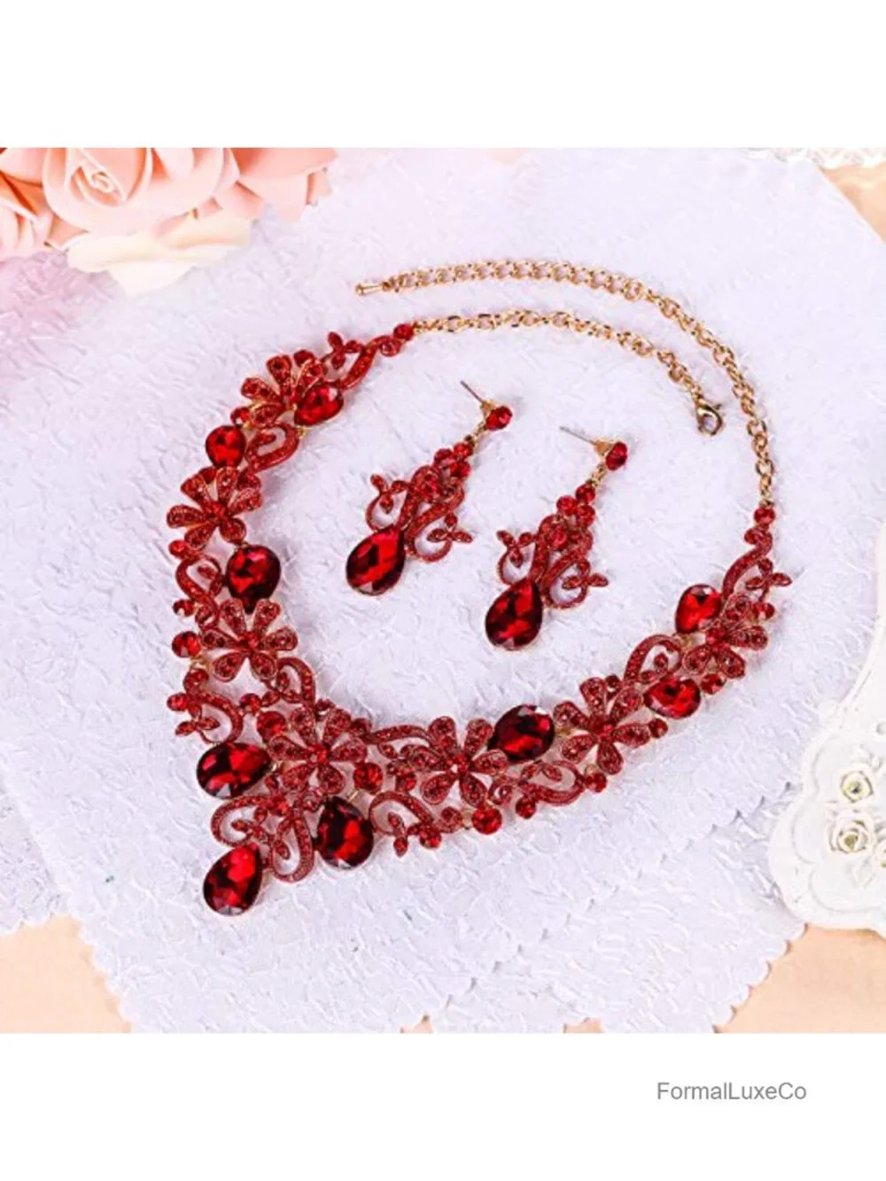 Crystal Floral Teardrop Necklace and Earring Jewelry Set for Wedding Prom